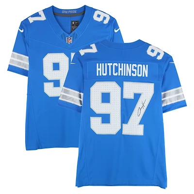 Maillot Nike Vapor F.U.S.E. bleu dédicacé par Aidan Hutchinson des Lions de Détroit, édition limitée