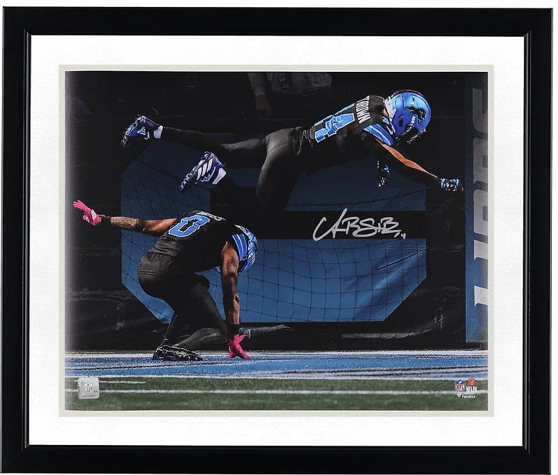 Amon-Ra St. Brown Detroit Lions Autographed 16" x 20" Touchdown Celebration Jumping Over Jahmyr Gibbs Photograph