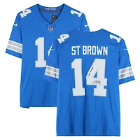 Maillot Nike Vapor F.U.S.E. bleu dédicacé par Amon-Ra St. Brown des Lions de Détroit, édition limitée, avec inscription « One Pride ».