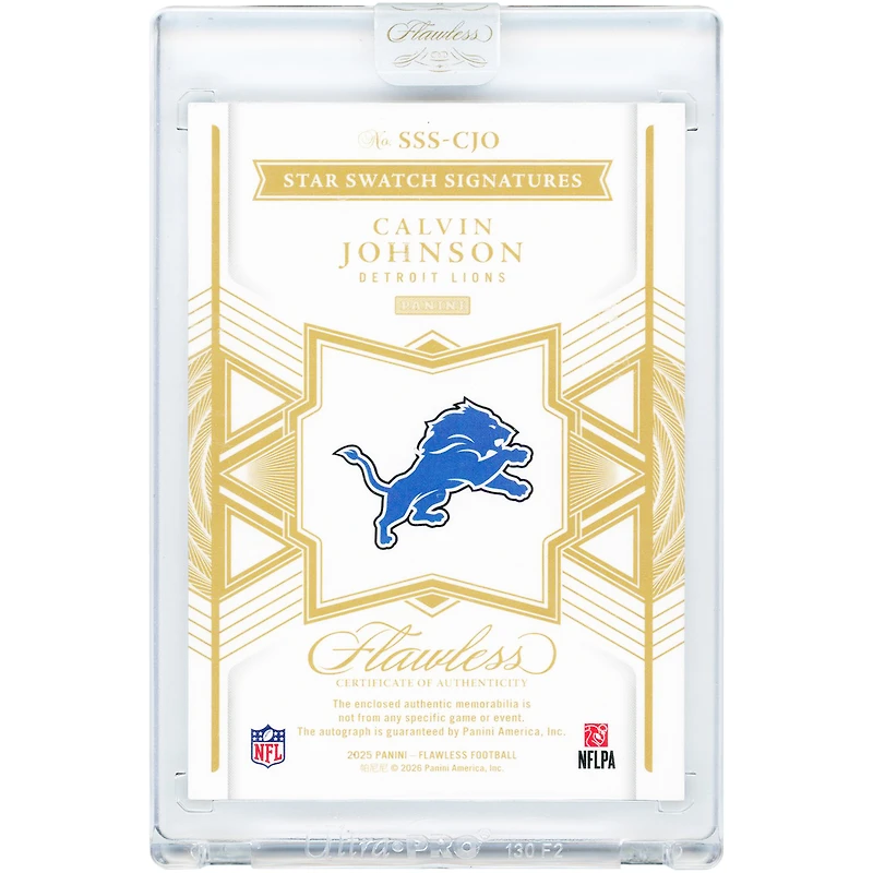 Calvin Johnson Detroit Lions Autographed 2025 Panini Flawless Ruby Star Swatch Dual-Color Relic #SSS-CJO #8/15 Card