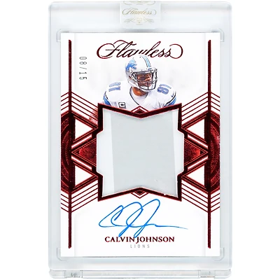 Calvin Johnson Detroit Lions Autographed 2025 Panini Flawless Ruby Star Swatch Dual-Color Relic #SSS-CJO #8/15 Card