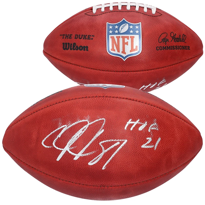 Ballon de football professionnel Wilson Duke en couleur autographié par Calvin Johnson des Detroit Lions avec inscription « HOF 21 »