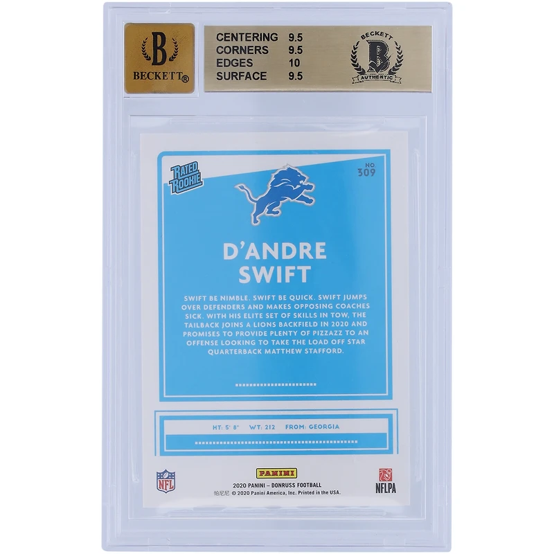 Carte de recrue authentifiée 9,5/10 de Beckett Fanatics 2020 autographiée par D'Andre Swift Detroit Lions - Sous-catégories 9,5, 9,5, 10, 9,5