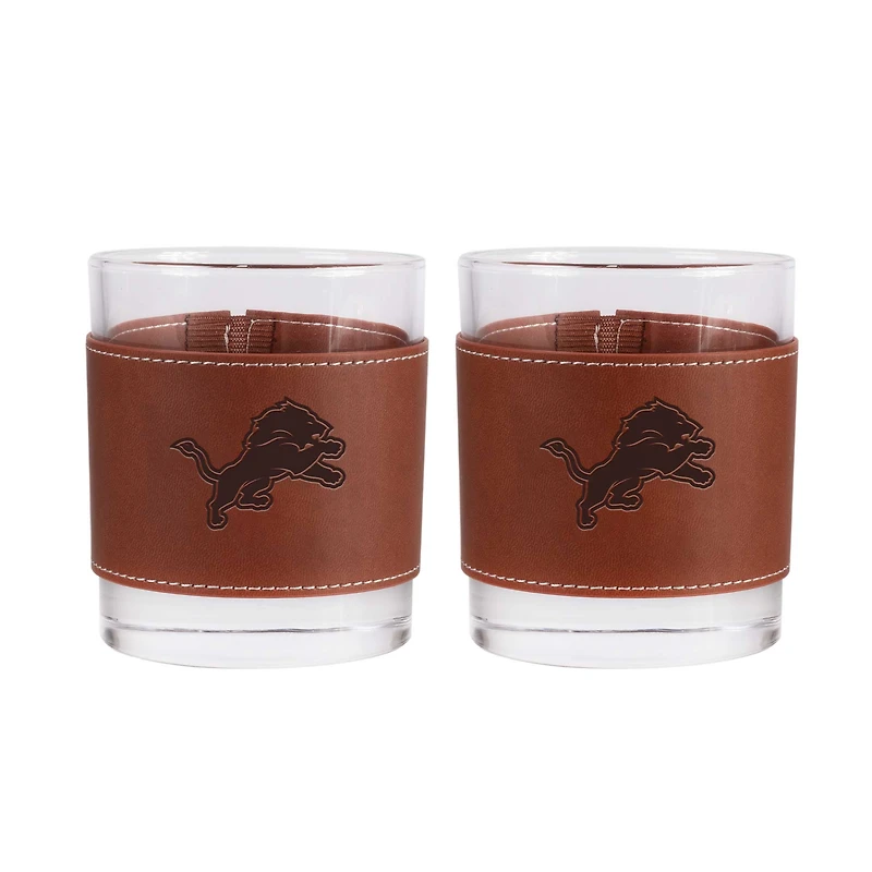 Lot de 2 verres à whisky Detroit Lions de 12 oz avec emballage en cuir