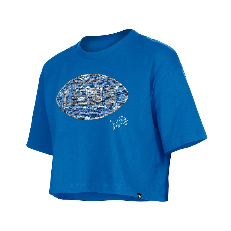 Girl's New Era Blue Detroit Lions Flip Sequin Boxy T-Shirt
