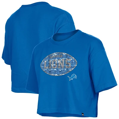 Girl's New Era Blue Detroit Lions Flip Sequin Boxy T-Shirt