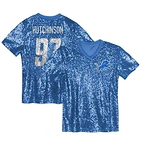 Maillot à col en V sequins bleu Detroit Lions Aidan Hutchinson pour jeunes filles