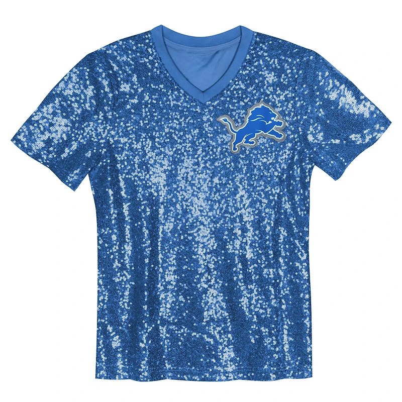 Maillot à col en V sequins bleu Detroit Lions Aidan Hutchinson pour jeunes filles