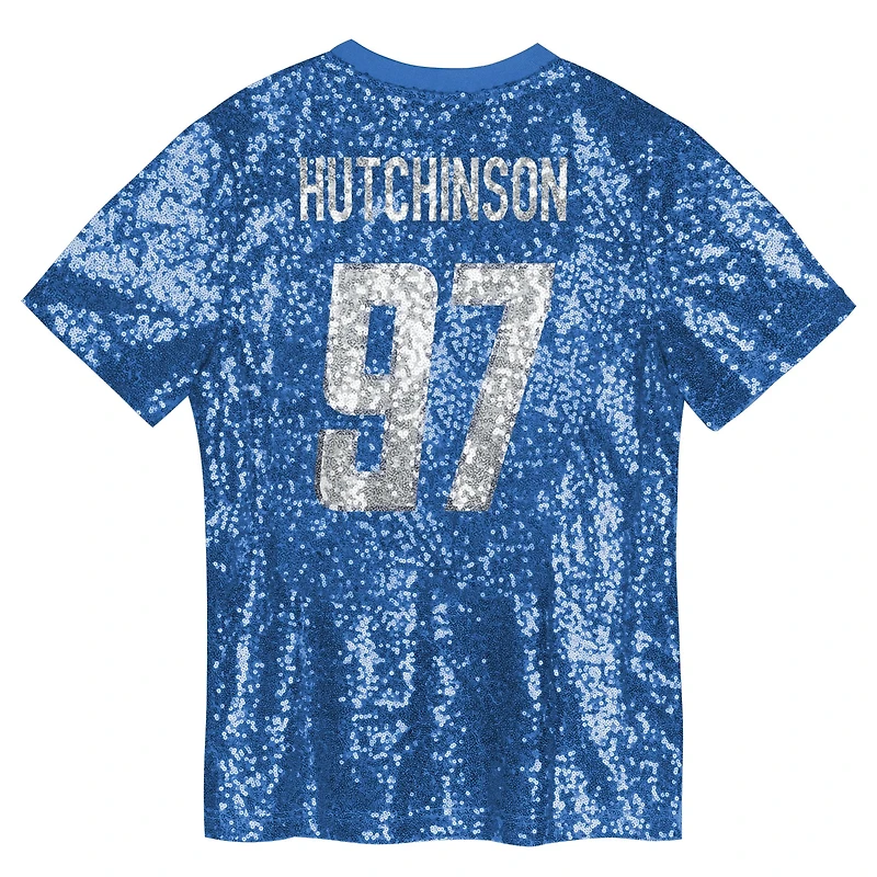 Girls Youth Aidan Hutchinson Blue Detroit Lions Sequin V-Neck Fashion Jersey