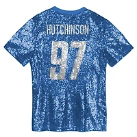 Girls Youth Aidan Hutchinson Blue Detroit Lions Sequin V-Neck Fashion Jersey
