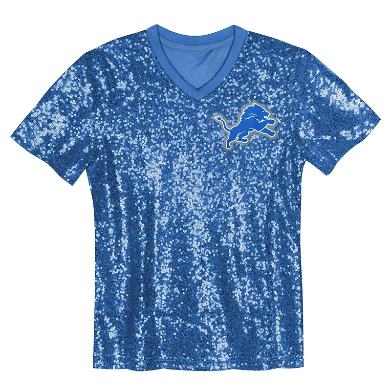 Girls Youth Blue Detroit Lions Wordmark Sequin V-Neck Top