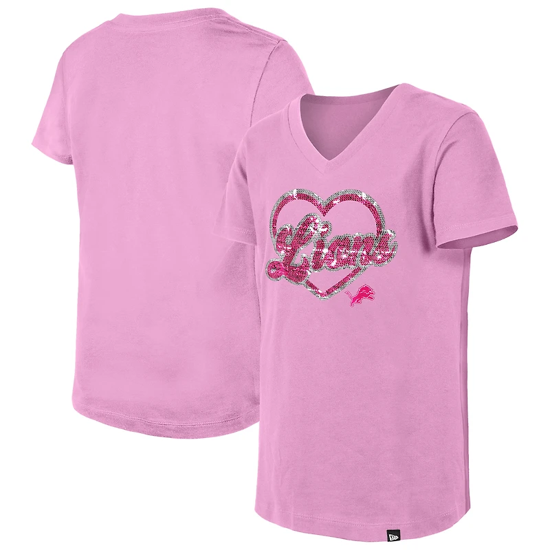 T-shirt à col en V paillettes roses Detroit Lions de New Era pour jeunes filles