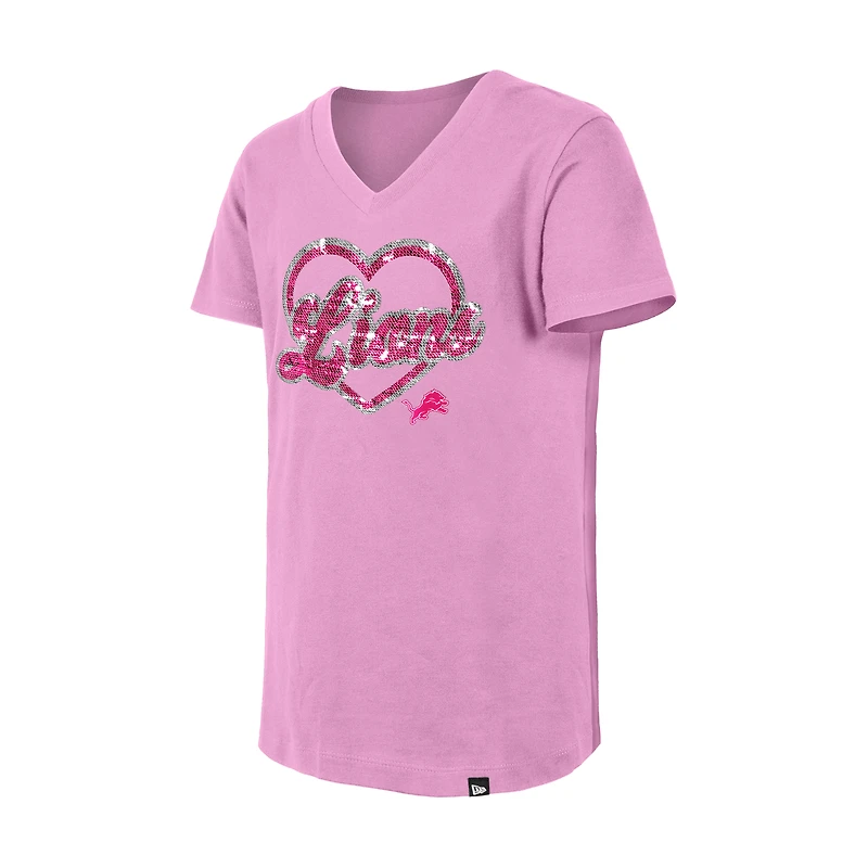 T-shirt à col en V paillettes roses Detroit Lions de New Era pour jeunes filles