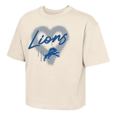 Girls Youth Outerstuff Cream Detroit Lions Boxy Spray Heart Puff Print T-Shirt