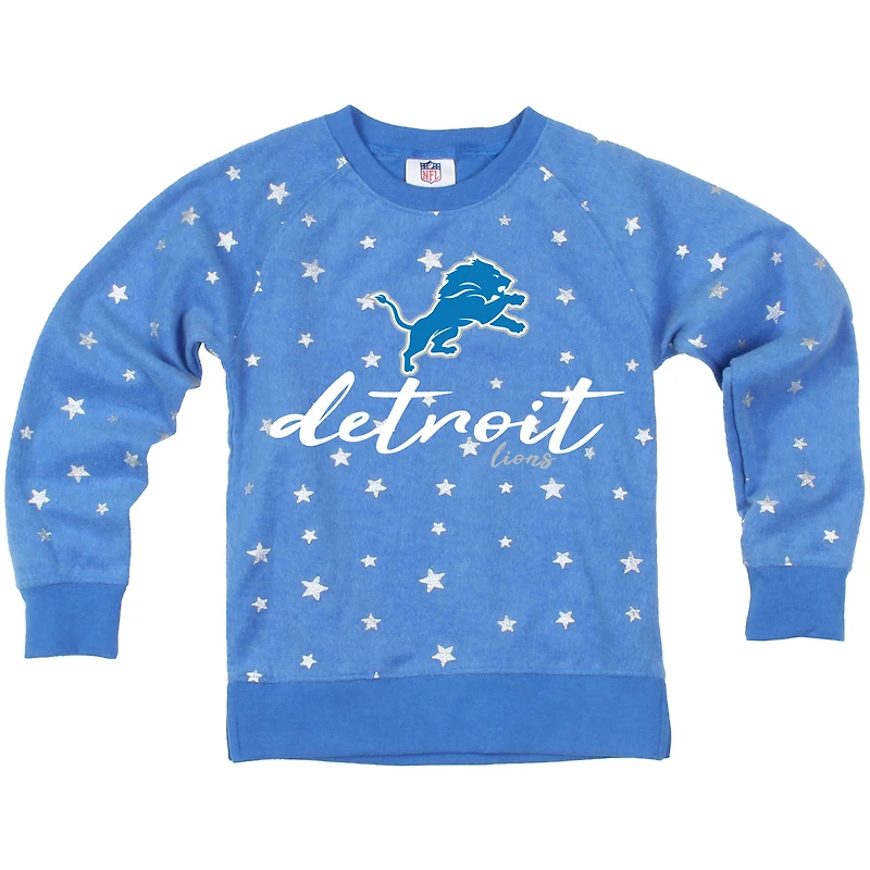 Girls Youth Wes & Willy  Blue Detroit Lions Shimmer Star Reverse Fleece Pullover Sweatshirt