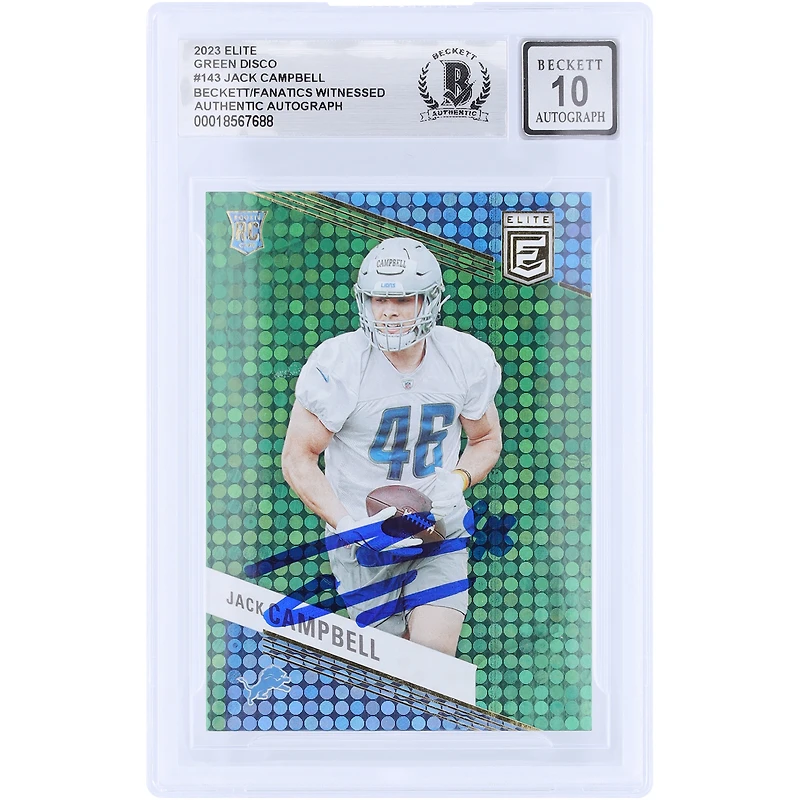 Jack Campbell Detroit Lions Autographed 2023 Panini Donruss Elite Green Disco #143 Beckett Fanatics Witnessed Authenticated 10 Rookie Card 