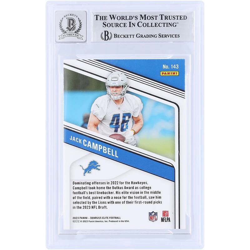 Jack Campbell Detroit Lions Autographed 2023 Panini Donruss Elite Green Disco #143 Beckett Fanatics Witnessed Authenticated 10 Rookie Card 