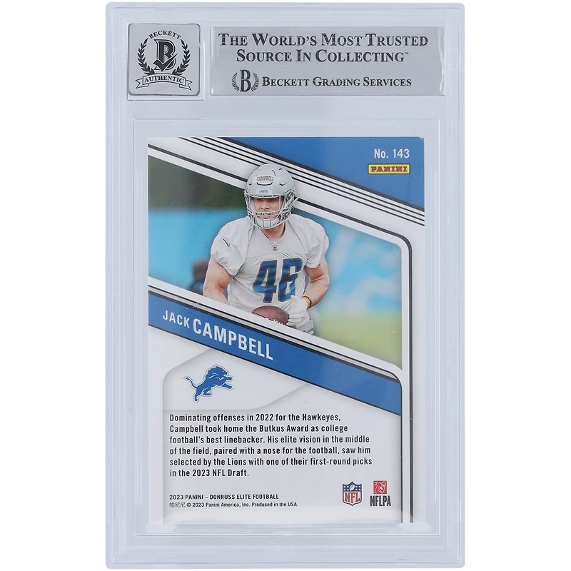 Jack Campbell Detroit Lions Autographed 2023 Panini Donruss Elite #143 #/999 Beckett Fanatics Witnessed Authenticated 10 Rookie Card 
