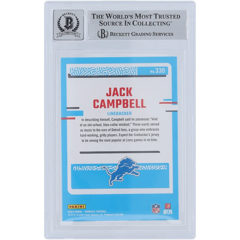 Jack Campbell Detroit Lions Autographed 2023 Panini Donruss Rated Rookie #330 Beckett Fanatics Witnessed Authenticated 10 Rookie Card