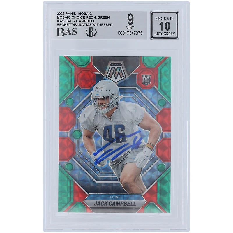 Jack Campbell Detroit Lions Autographed 2023 Panini Mosaic Red & Green Choice Mosaic #323 Beckett Fanatics Witnessed Authenticated 9/10 Rookie Card 