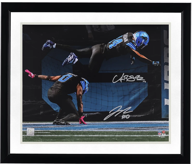 Jahmyr Gibbs & Amon-Ra St. Brown Detroit Lions Autographed 16" x 20" 2025 Week 7 Touchdown Celebration Leap Spotlight Photograph