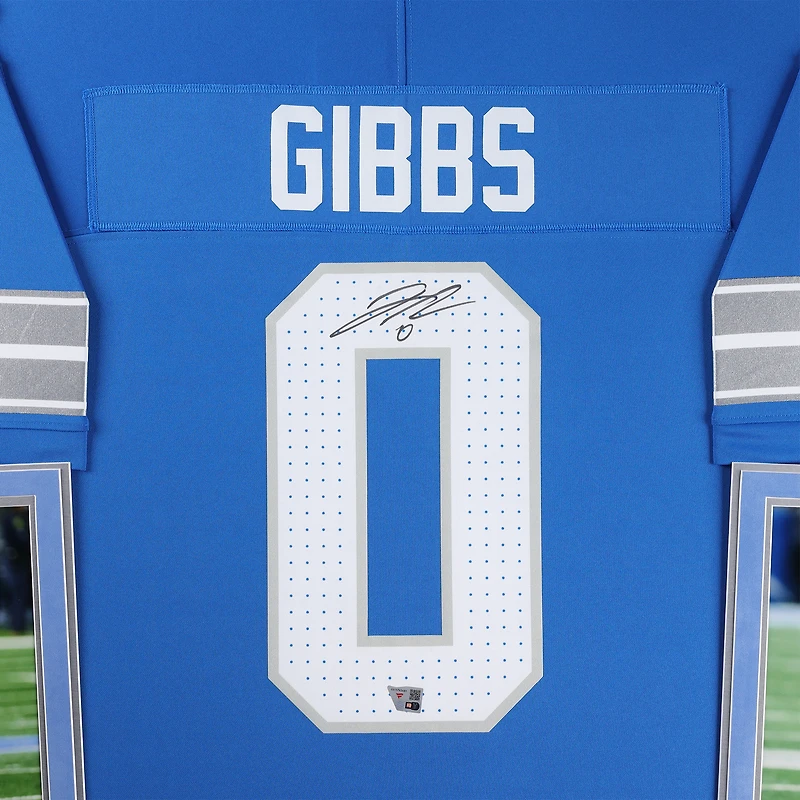 Maillot Nike Vapor F.U.S.E. bleu 2024 encadré et autographié par Jahmyr Gibbs des Lions de Détroit