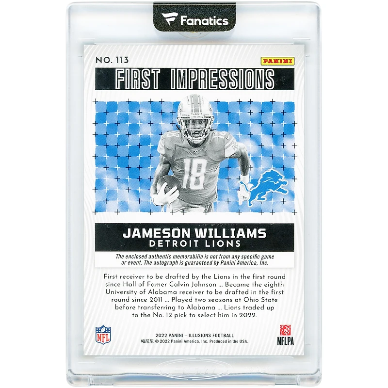 Jameson Williams Detroit Lions Autographed 2022 Panini Illusions First Impressions Tri-Color Jersey Relic #113 #6/50 Rookie Card