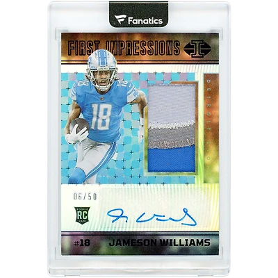Carte de recrue autographiée de Jameson Williams (Detroit Lions) 2022 Panini Illusions First Impressions Tri-Color Jersey Relic #113 #6/50