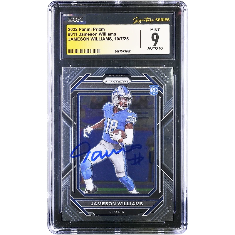 Carte recrue autographiée de Jameson Williams (Detroit Lions), Panini Prizm 2022 n° 311, authentifiée CGC (9/10).