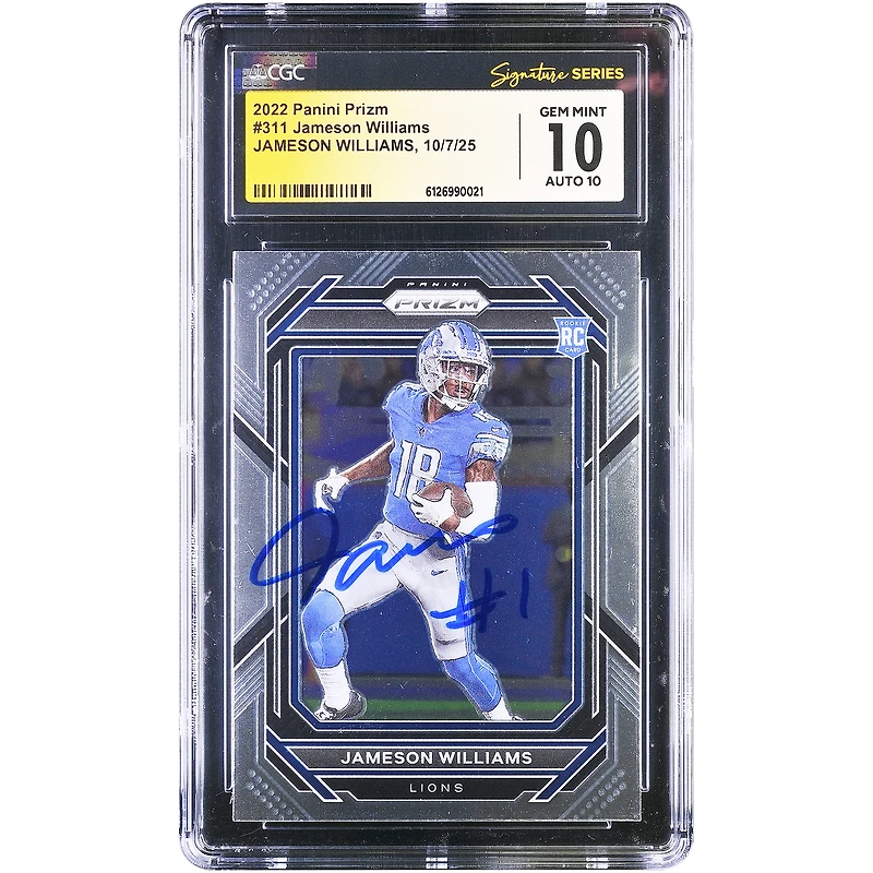 Carte recrue autographiée de Jameson Williams (Detroit Lions), Panini Prizm 2022 n° 311, authentifiée CGC Fanatics Witnessed 10/10