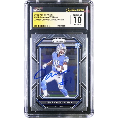 Carte recrue autographiée de Jameson Williams (Detroit Lions), Panini Prizm 2022 n° 311, authentifiée CGC Fanatics Witnessed 10/10