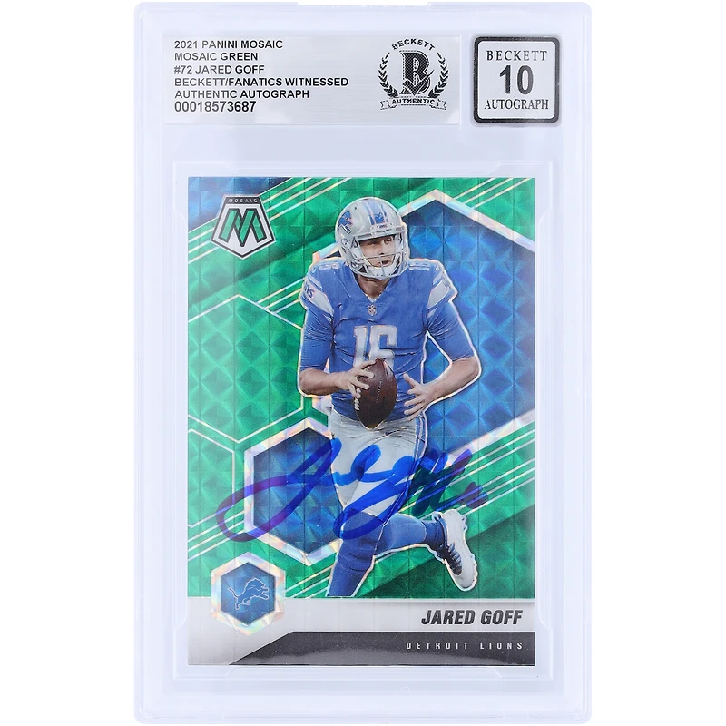 Jared Goff Detroit Lions Autographed 2021 Panini Mosaic Green Mosaic Prizm #72 Beckett Fanatics Witnessed Authenticated 10 Card 