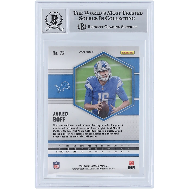 Jared Goff Detroit Lions Autographed 2021 Panini Mosaic Mosaic Prizm #72 Beckett Fanatics Witnessed Authenticated 9/10 Card
