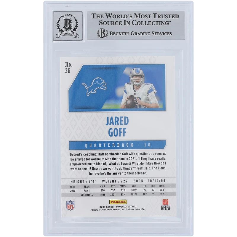 Jared Goff Detroit Lions Autographed 2021 Panini Phoenix Celestial #36 Beckett Fanatics Witnessed Authenticated 10 Card