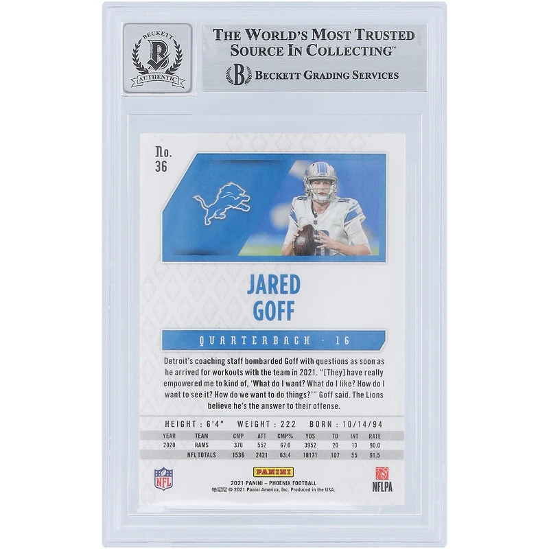 Jared Goff Detroit Lions Autographed 2021 Panini Phoenix Fire Burst #36 Beckett Fanatics Witnessed Authenticated 9/10 Card