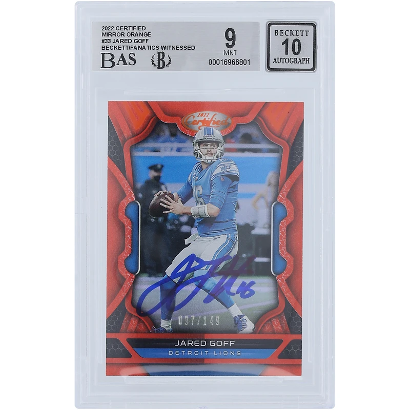 Jared Goff Detroit Lions Autographed 2022 Panini Certified Mirror Orange #33 #/149 Beckett Fanatics Witnessed Authenticated 9/10 Card