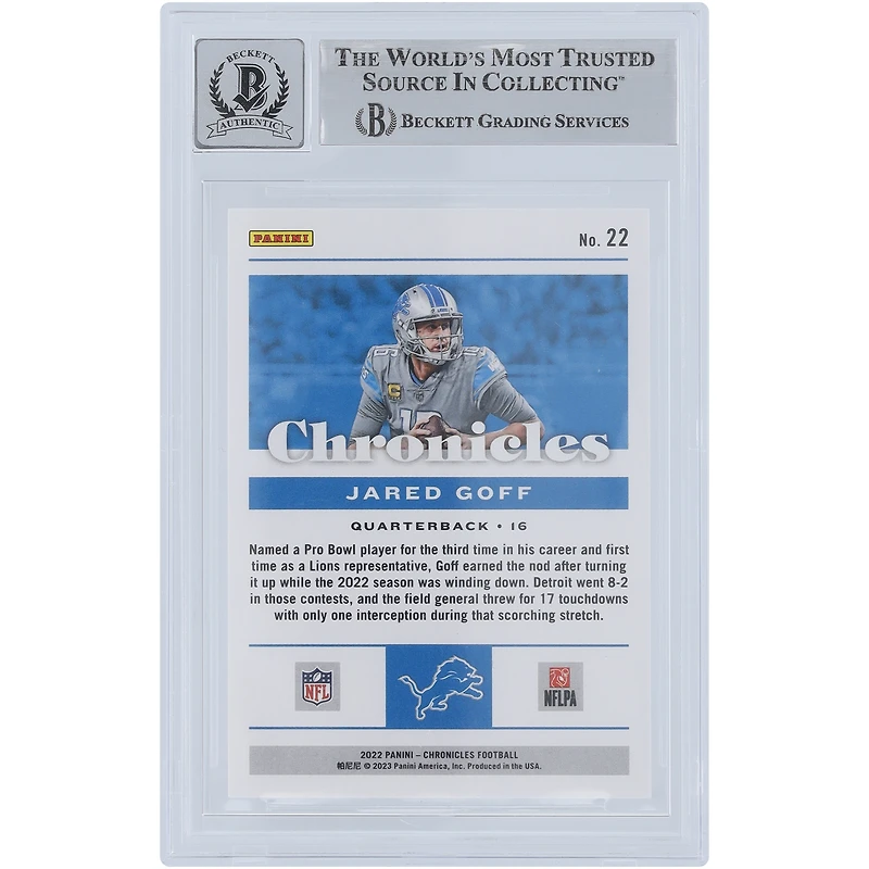 Jared Goff Detroit Lions Autographed 2022 Panini Chronicles Red #22 #/199 Beckett Fanatics Witnessed Authenticated 10 Card