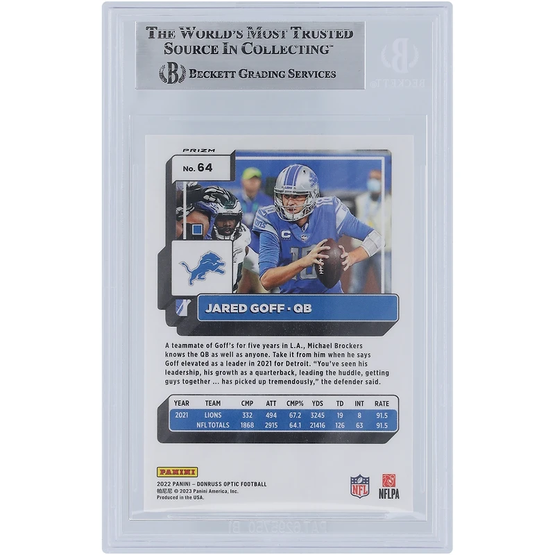Jared Goff Detroit Lions Autographed 2022 Panini Donruss Optic Holo #64 Beckett Fanatics Witnessed Authenticated Card