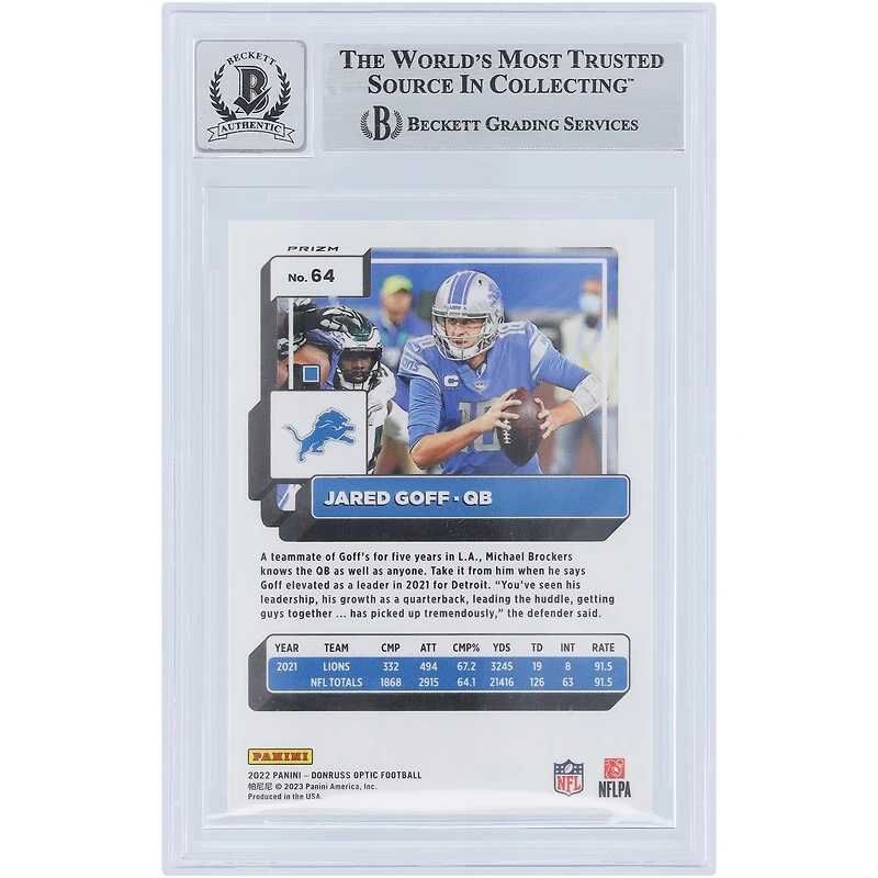Jared Goff Detroit Lions Autographed 2022 Panini Donruss Optic Holo Prizm #64 Beckett Fanatics Witnessed Authenticated 9/10 Card
