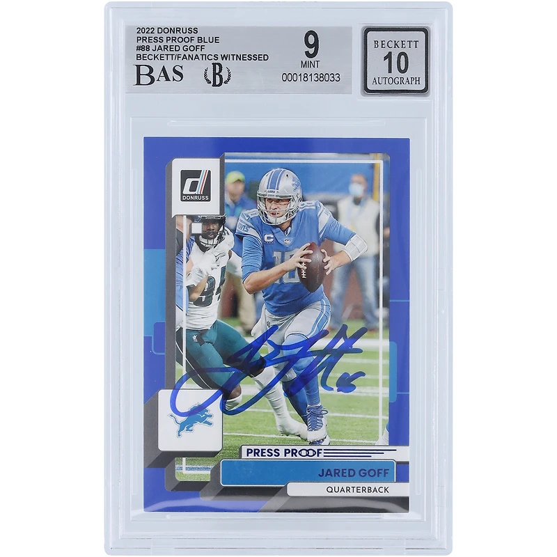 Jared Goff Detroit Lions Autographed 2022 Panini Donruss Press Proof Blue #88 Beckett Fanatics Witnessed Authenticated 9/10 Card