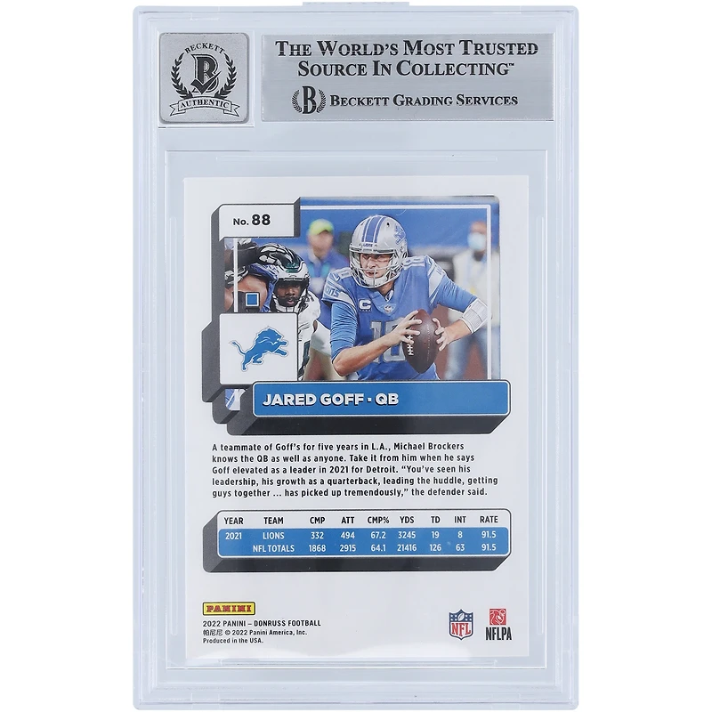 Jared Goff Detroit Lions Autographed 2022 Panini Donruss Press Proof Blue #88 Beckett Fanatics Witnessed Authenticated 9/10 Card