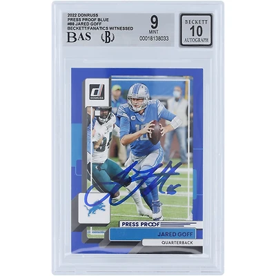 Jared Goff Detroit Lions Autographed 2022 Panini Donruss Press Proof Blue #88 Beckett Fanatics Witnessed Authenticated 9/10 Card