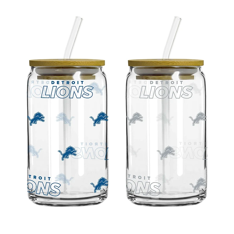 Logo Brands Detroit Lions 16oz. Step And Repeat Glass Can with Lid & Straw 2-Pack