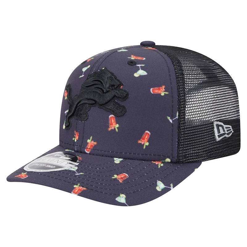 Men's New Era Navy/Black Detroit Lions Adventure Drinks Pattern 9SEVENTY Stretch-Snap Hat