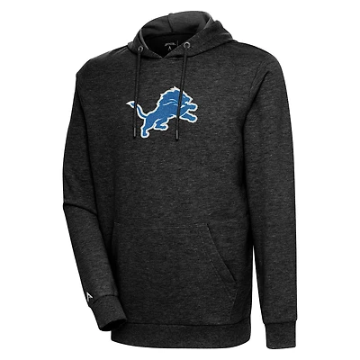 Men's Antigua Heathered Black Detroit Lions Action Chenille Pullover Hoodie