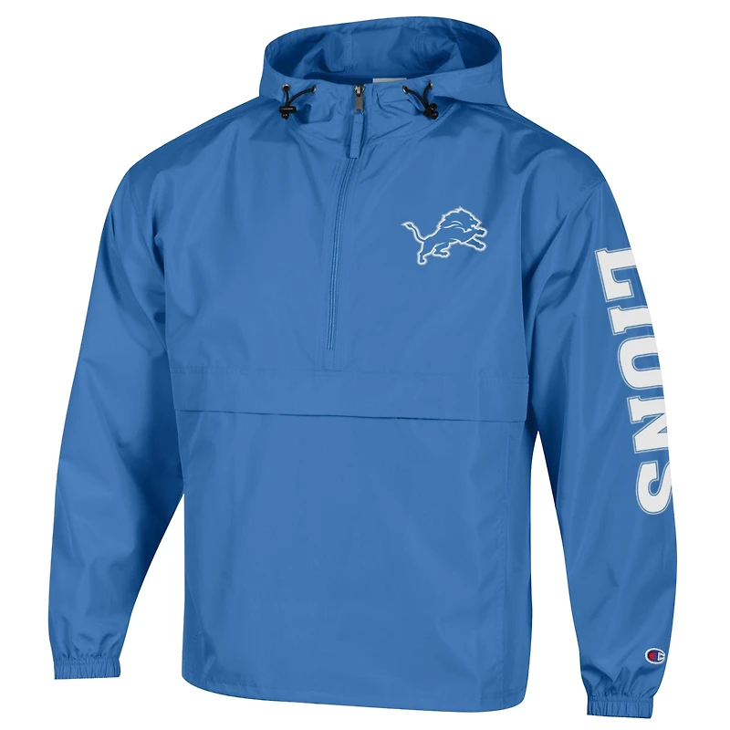 Coupe-vent à capuche pliable demi-zip Champion bleu Detroit Lions pour homme