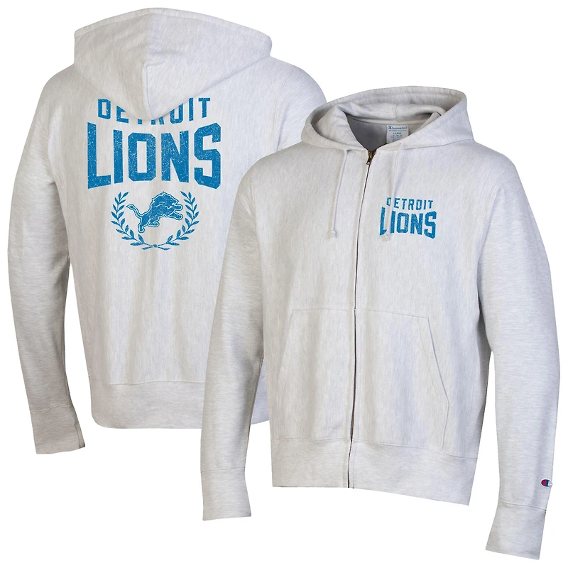 Sweat à capuche zippé intégral tissage inversé Champion Heather Grey des Lions de Detroit pour homme
