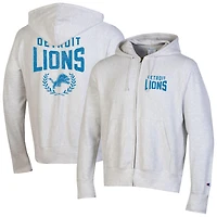 Sweat à capuche zippé intégral tissage inversé Champion Heather Grey des Lions de Detroit pour homme