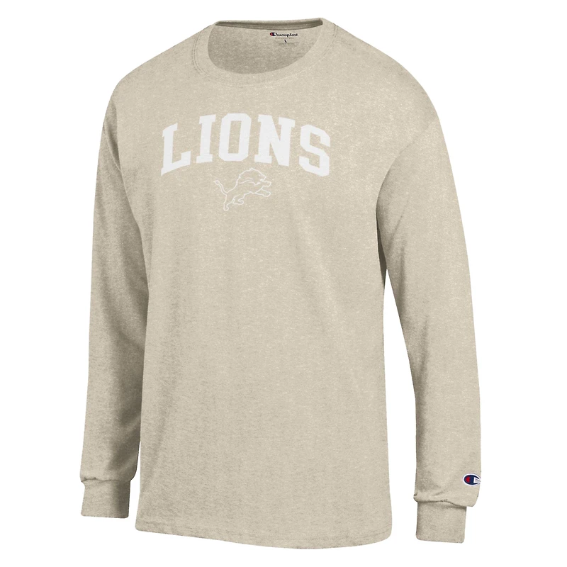 T-shirt à manches longues Champion pour homme, couleur avoine chinée, Detroit Lions, imprimé blanc.
