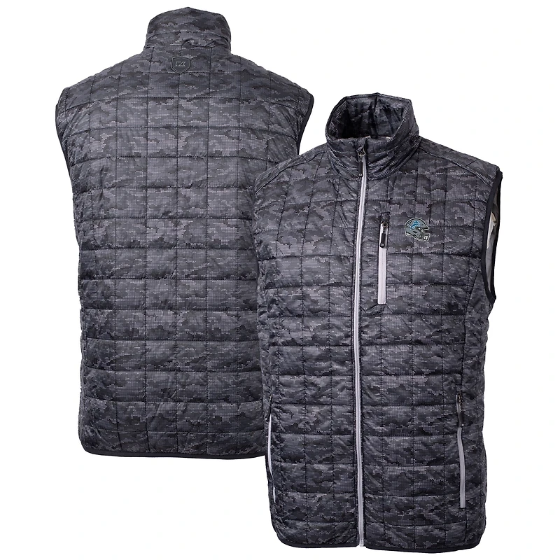 Men's Cutter & Buck Black Detroit Lions Helmet Rainier PrimaLoft Eco Insulated Printed Full-Zip Puffer Vest